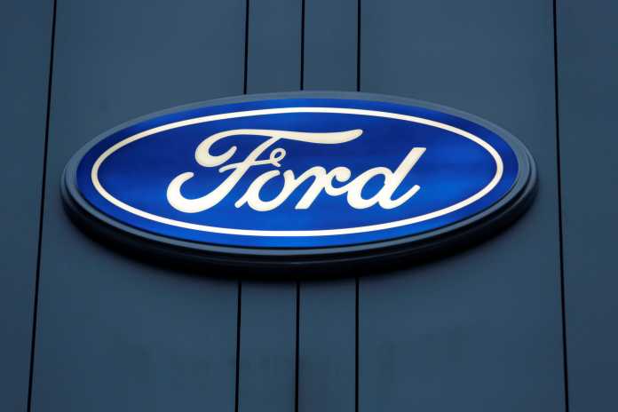 Ford logo is pictured on a wall of a car dealership in Monterrey