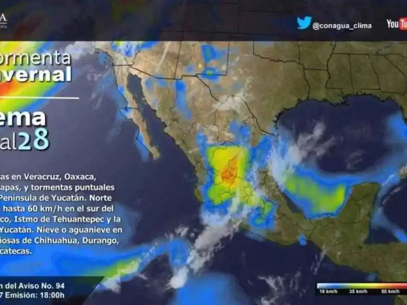 El pronóstico del clima en México para el 17 de Febrero de 2017 indica lluvias, chubascos y viento fuerte en varias regiones, además de posible nieve en zonas montañosas del norte por sistemas frontales y tormenta invernal