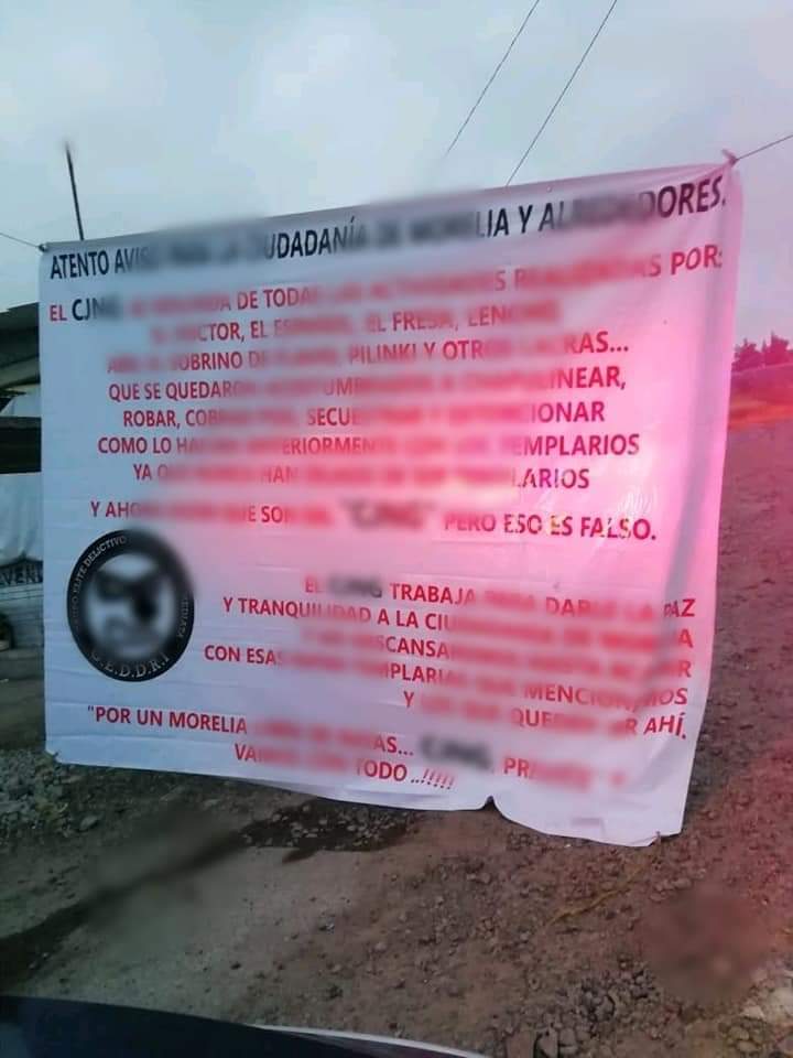 Aparecen narcomantas del CJNG en Morelia