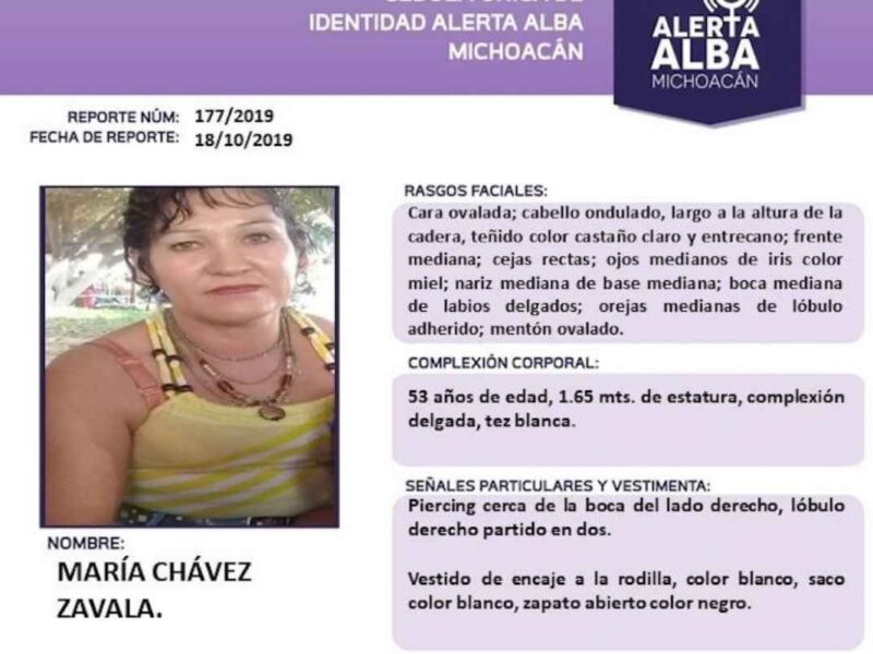 Activan Alerta Ámbar en Michoacán tras la desaparición de María Chávez Zavala, vista por última vez en Lázaro Cárdenas. Autoridades piden apoyo urgente para ubicarla