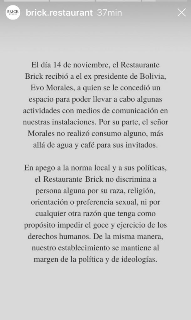 Evo Morales no realizó consumo alguno: Brick