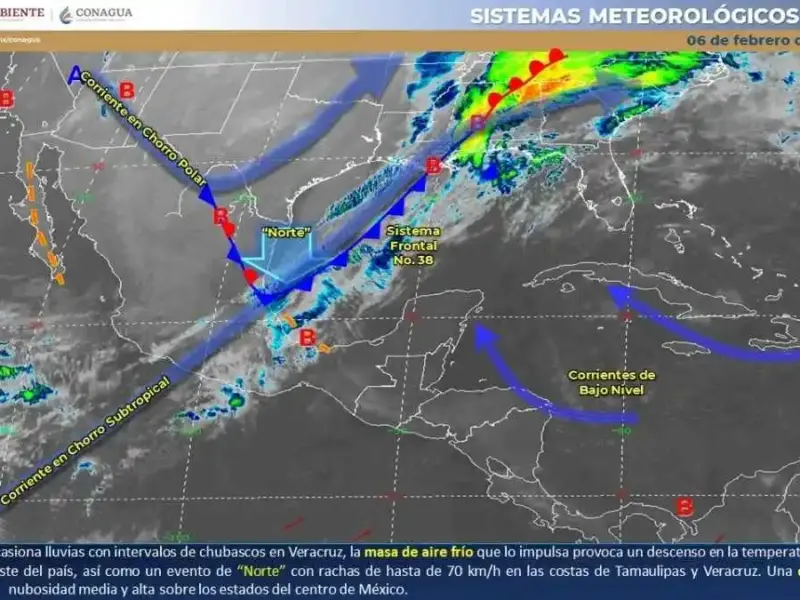 El SMN reporta que el Frente Frío 38 cruzará el Golfo de México, generando vientos de 70 km/h, heladas en el norte y lluvias fuertes en el sureste del país