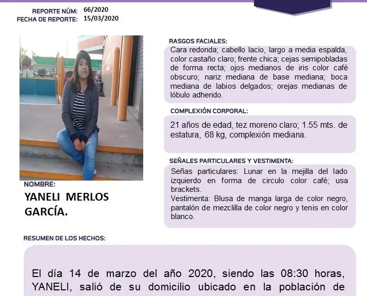 Activan Alerta Alba para localizar a Yaneli Merlos Garcías