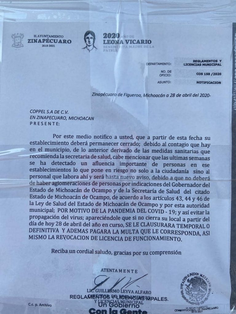 Notificacion Ayuntamiento Cierre Coppel Zinapecuaro