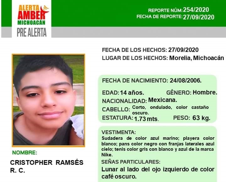 Activan alerta amber para localizar a Cristopher Ramsés R.C.