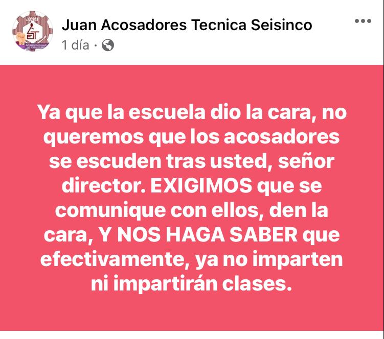 Estudiantes de la Técnica 65 se manifestarán contra docentes acosadores