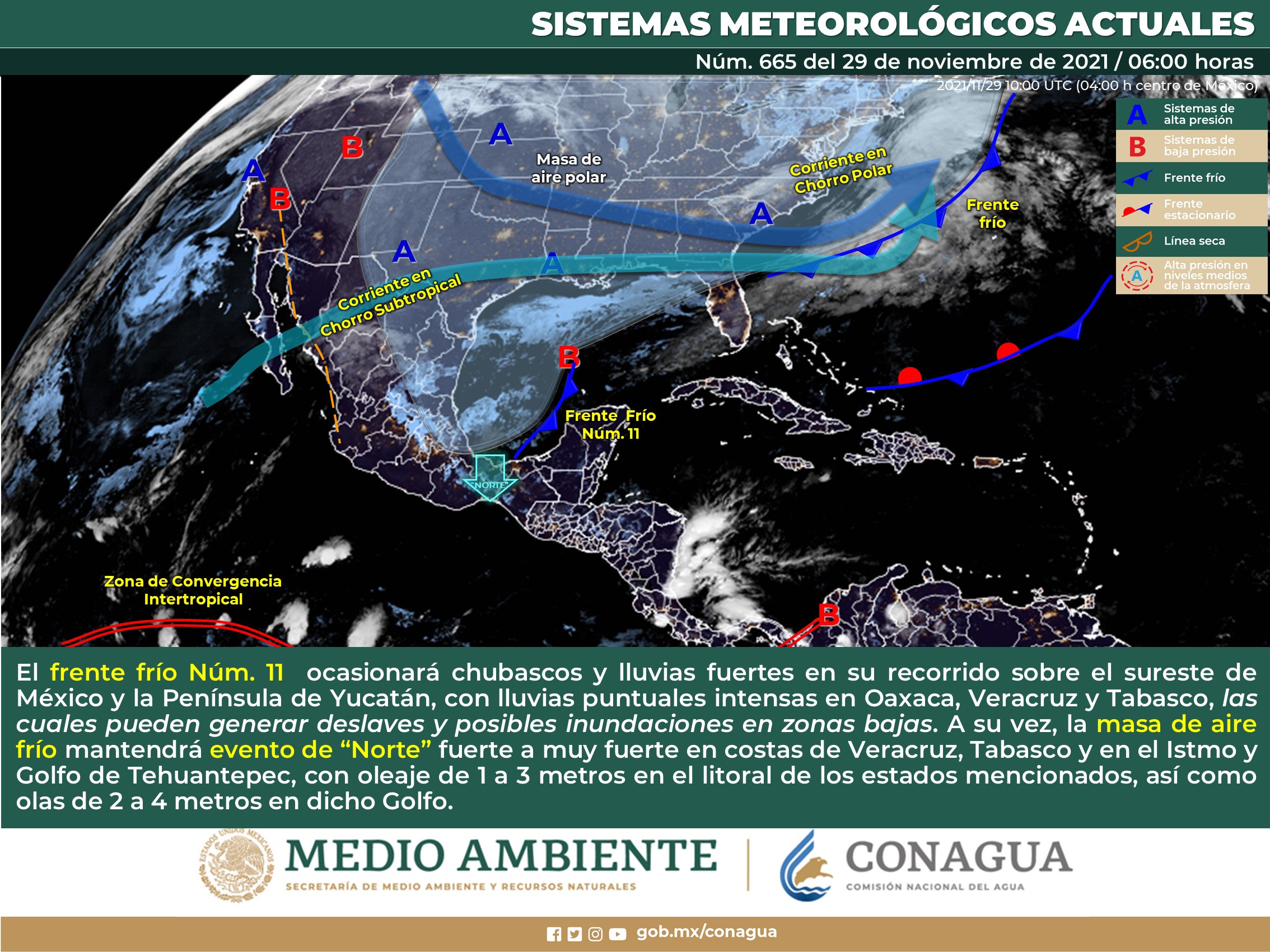 Ocasionará el frente frío número 11 y su masa de aire frío lluvias muy fuertes principalmente en tres estados