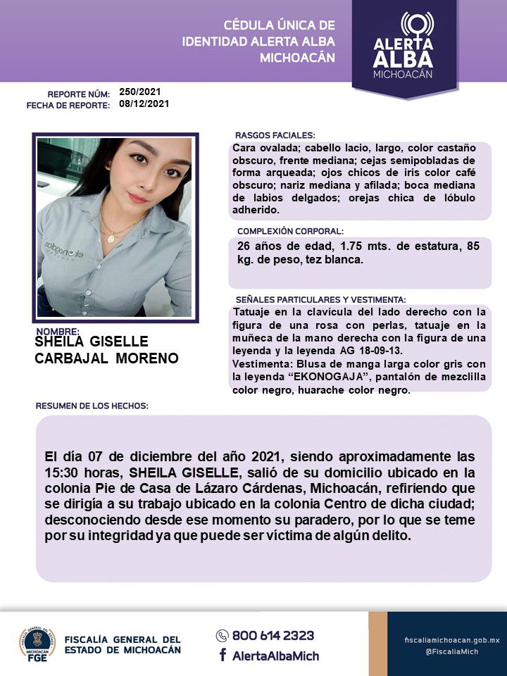 Activan alerta alba para localizar a Sheila Giselle Carbajal Moreno