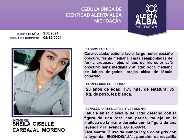 Activan alerta alba para localizar a Sheila Giselle Carbajal Moreno