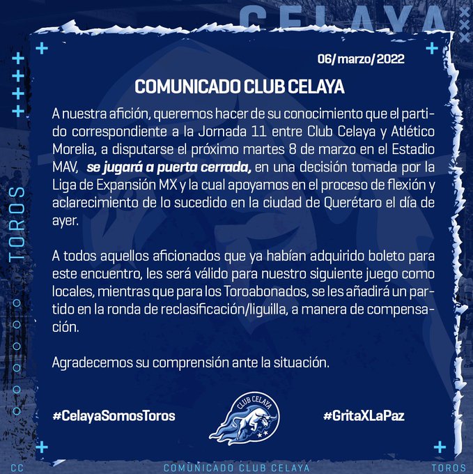 A puerta cerrada el Celaya vs Morelia, tras trifulca en el Corregidora