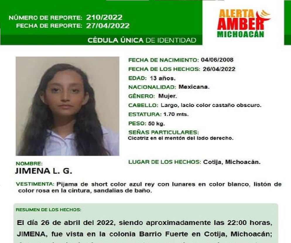 Buscan a Jimena menor desaparecida en Cotija en Michoacán