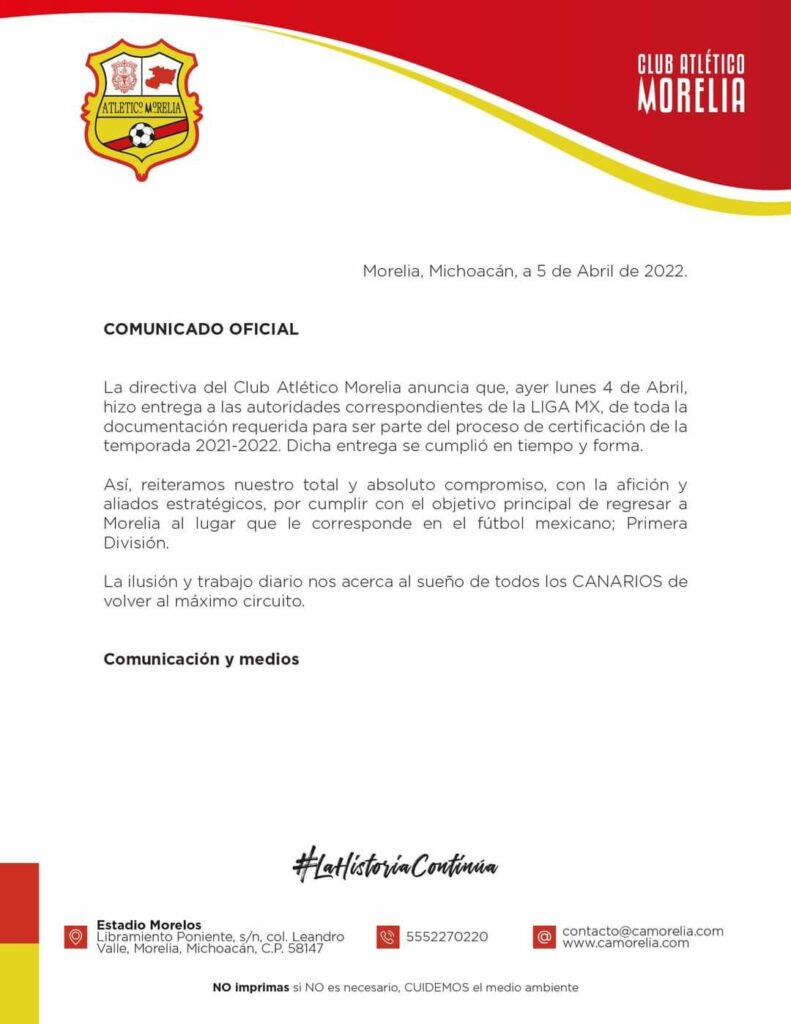 Inicia Atlético Morelia proceso de certificación para Primera División
