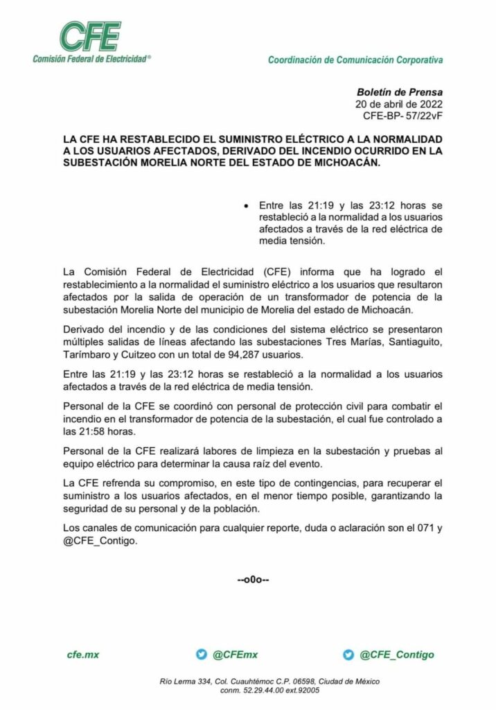 Más de 94 mil afectados por explosión de CFE en Morelia