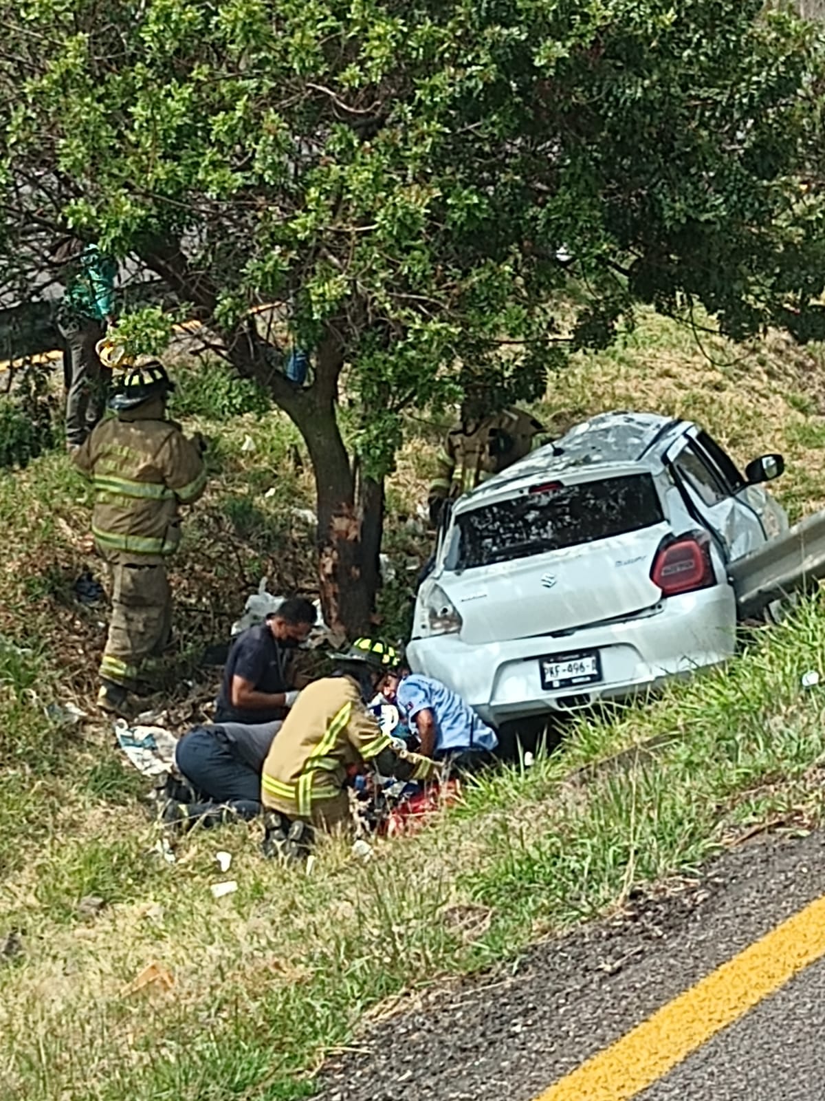 Vehículo compacto choca contra un árbol en la carretera Morelia - Pátzcuaro