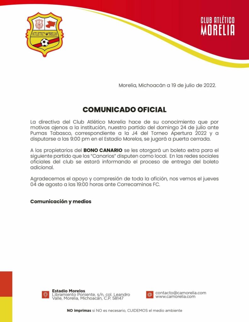 ¡Atención aficionados! Morelia vs Pumas Tabasco será a puerta cerrada