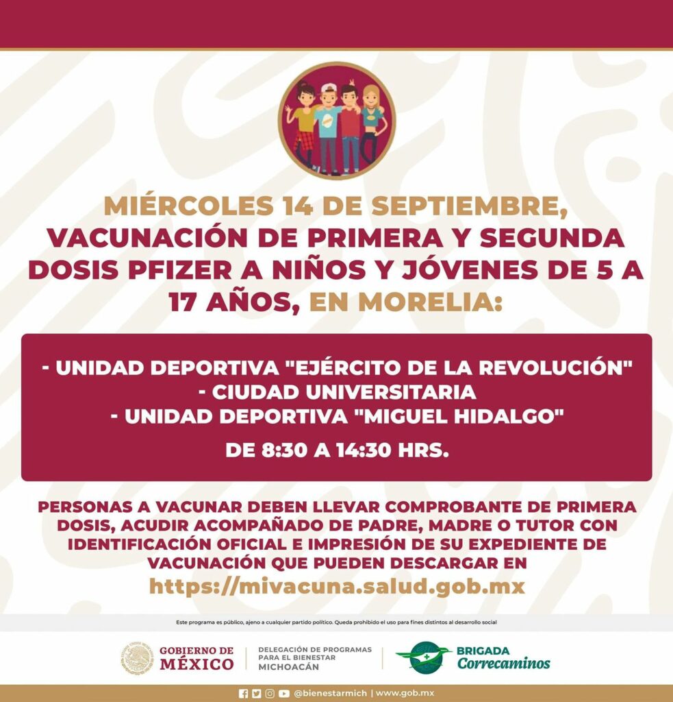 Continua vacunación contra Covid-19 en Morelia para menores de edad