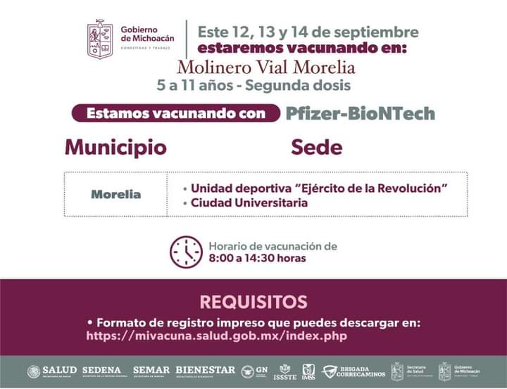 Inicia en Morelia aplicación de segunda dosis anticovid a menores de 5 a 11 años