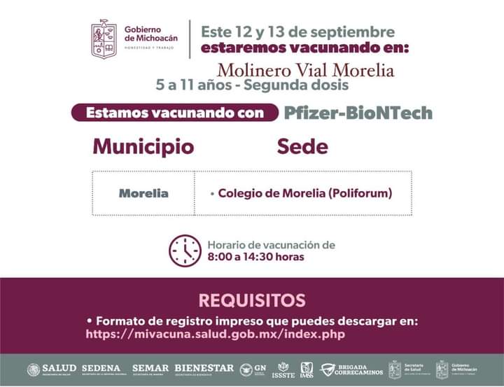 Inicia en Morelia aplicación de segunda dosis anticovid a menores de 5 a 11 años