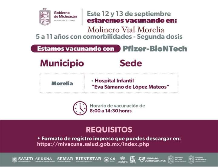 Inicia en Morelia aplicación de segunda dosis anticovid a menores de 5 a 11 años