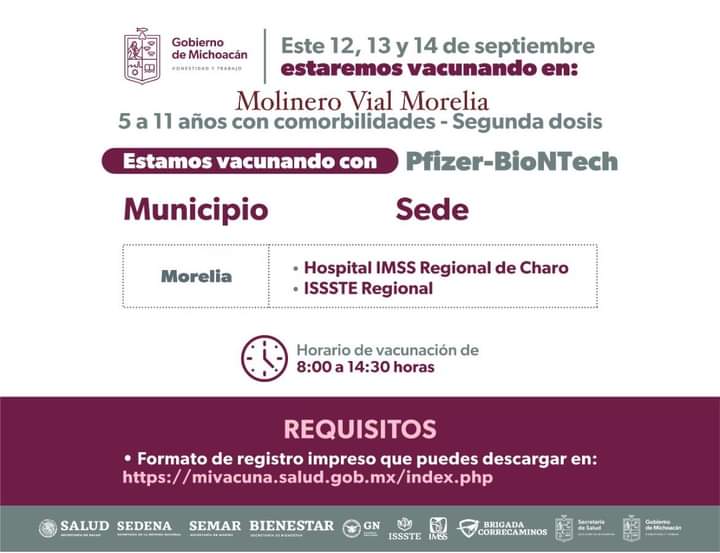 Inicia en Morelia aplicación de segunda dosis anticovid a menores de 5 a 11 años