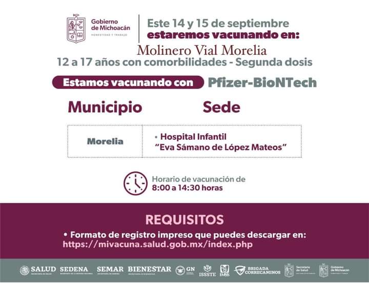 Inicia en Morelia aplicación de segunda dosis anticovid a menores de 5 a 11 años