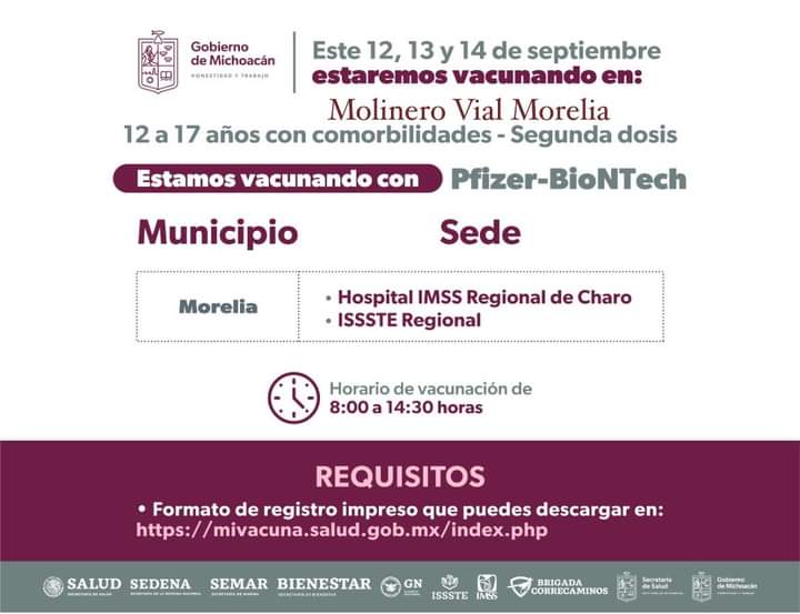 Inicia en Morelia aplicación de segunda dosis anticovid a menores de 5 a 11 años