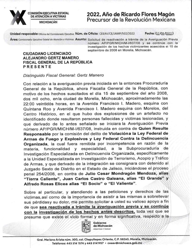 Solicita Estado a FGR reabrir caso sobre granadazos de 15-S