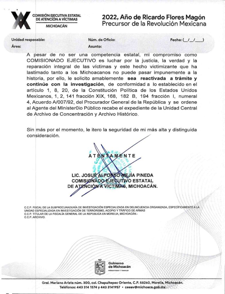 Solicita Estado a FGR reabrir caso sobre granadazos de 15-S