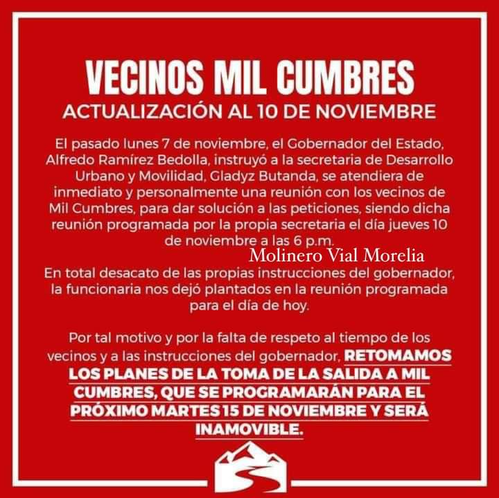 Advierten vecinos toma en la salida a Mil Cumbres en Morelia