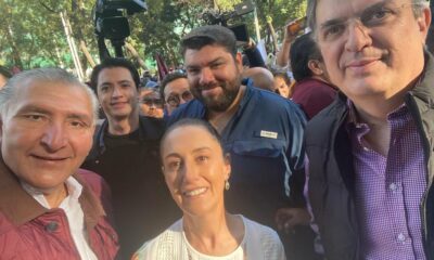 Ebrard, Sheinbaum y Adán Augusto se reúnen en marcha de AMLO