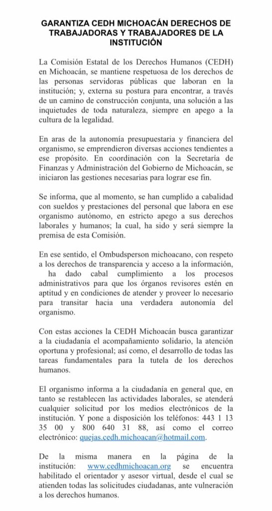 Ombudsman michoacano viola derechos humanos de trabajadores, denuncian