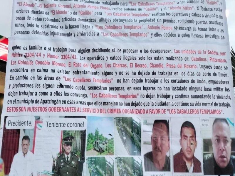 Acusan a alcalde de Apatzingán, comisario y teniente coronel, de trabajar para Los Templarios