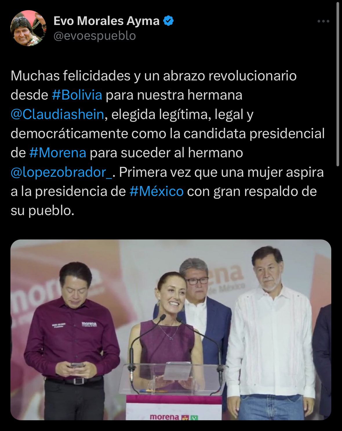 Evo Morales felicitaciones a Sheinbaum