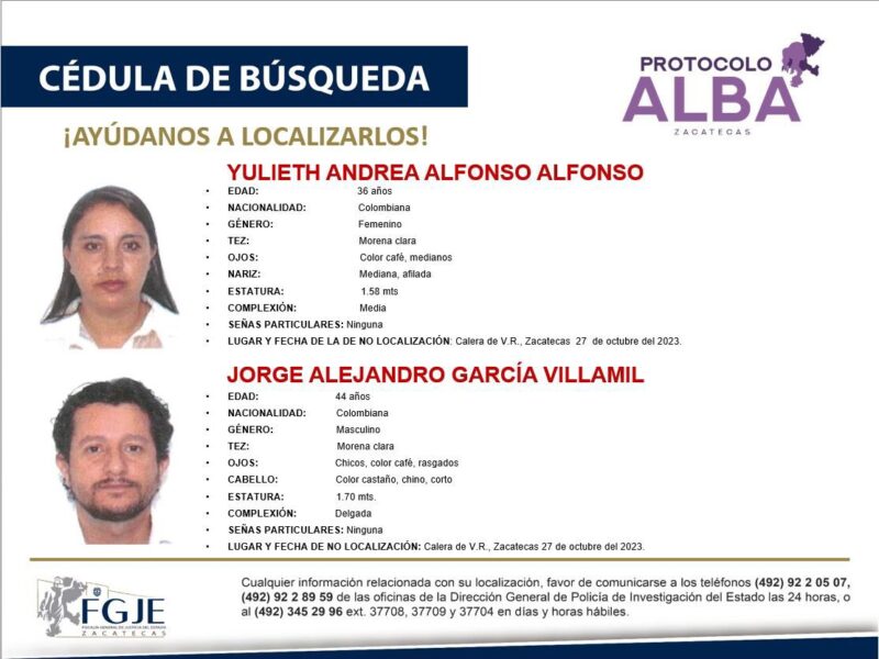 Familia colombiana desaparecida en Zacatecas