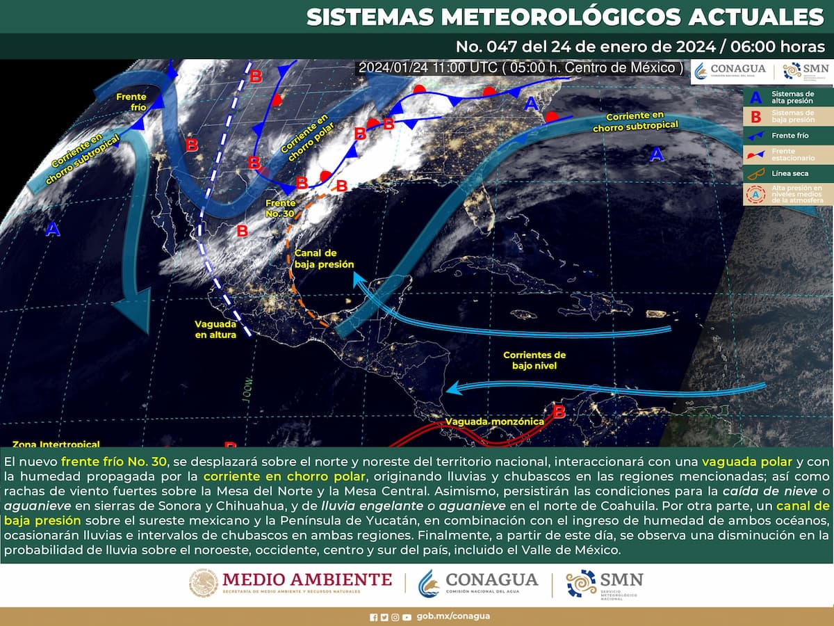 Provocará frente frío No.30 lluvias y chubascos este miércoles en México