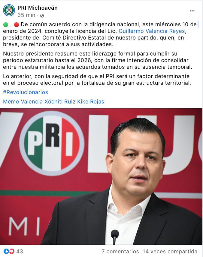 A través de redes del PRI Michoacán se confirmó el regreso de Memo Valencia