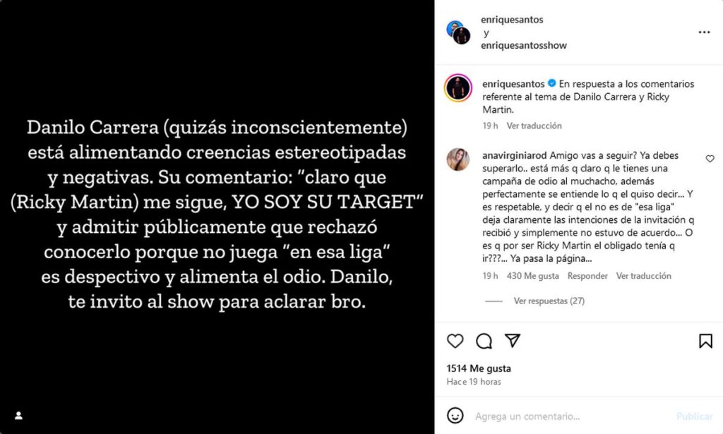locutor desafío a Danilo Carrera por tema Ricky Martin