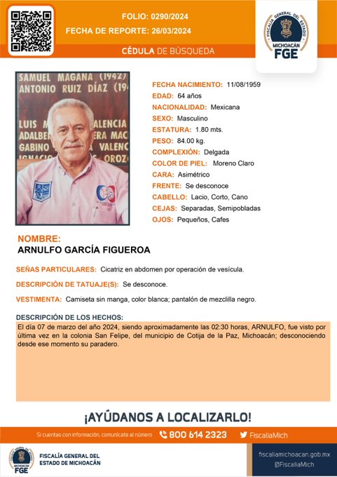 FGE Michoacán búsqueda de regidor de Cotija - ficha