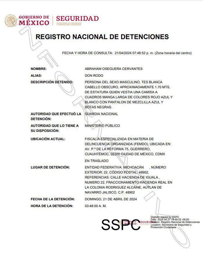 detención de Don Rodo líder del CJNG - ficha detención