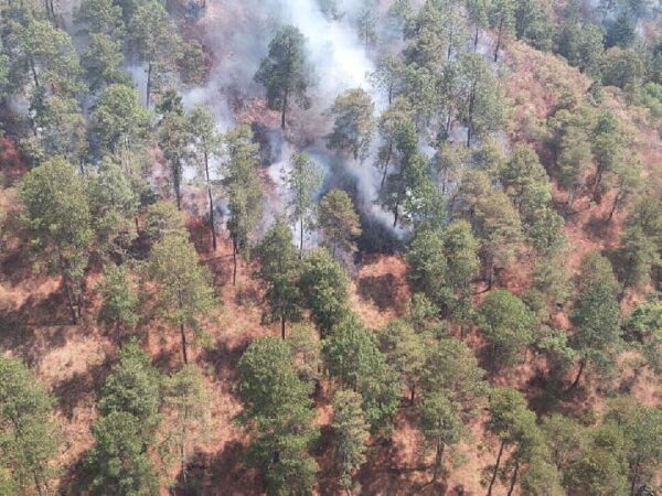 Helicóptero con helibalde combate incendio forestal en Zinapécuaro
