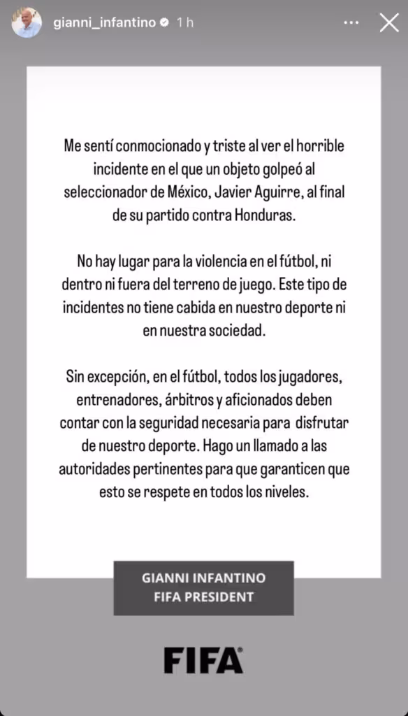 Gianni Infantino lamenta y expresa disculpa por agresión a Javier Aguirre