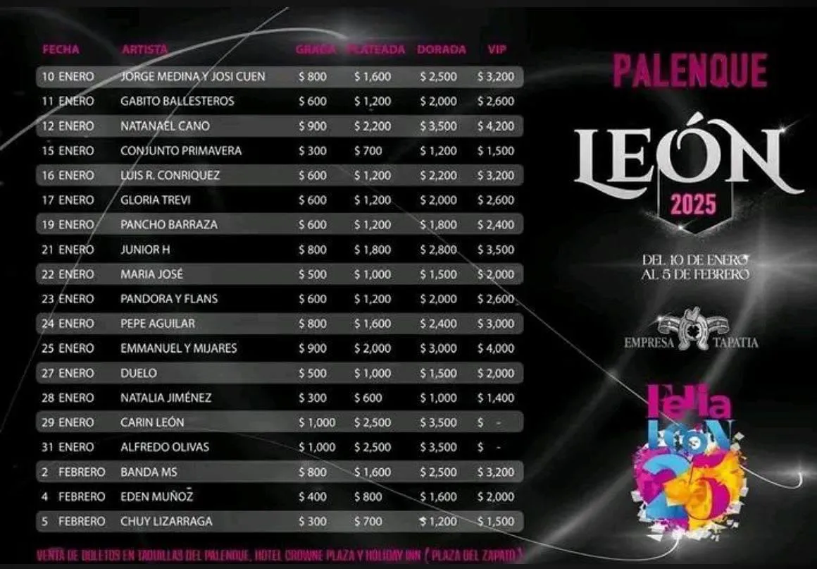 Artistas y precios en el Palenque de la Feria León 2025