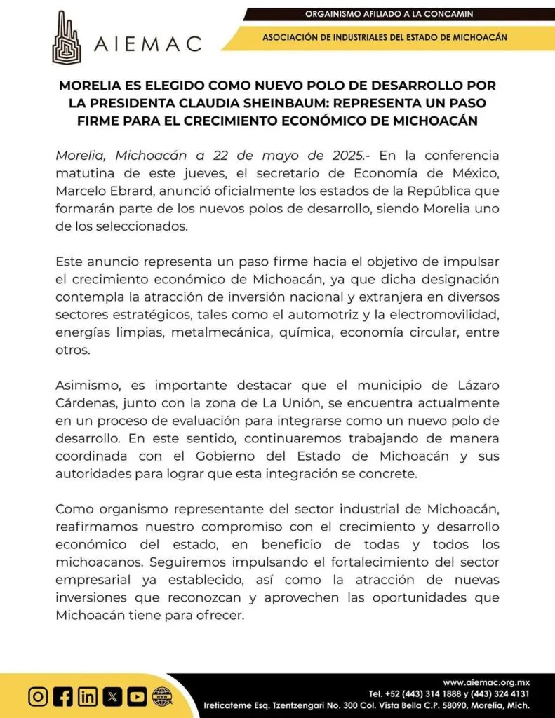 celebran nombramiento de Michoacán como Polo de Desarrollo