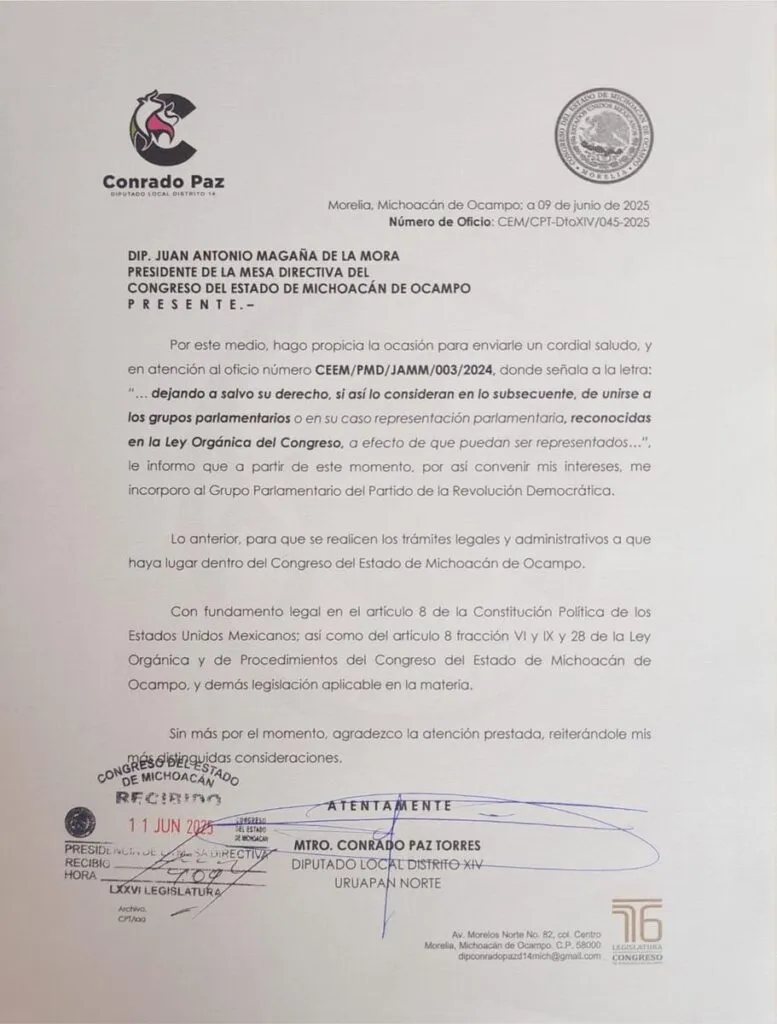 Formaliza Conrado Paz su solicitud para incorporarse a la bancada del PRD Michoacán