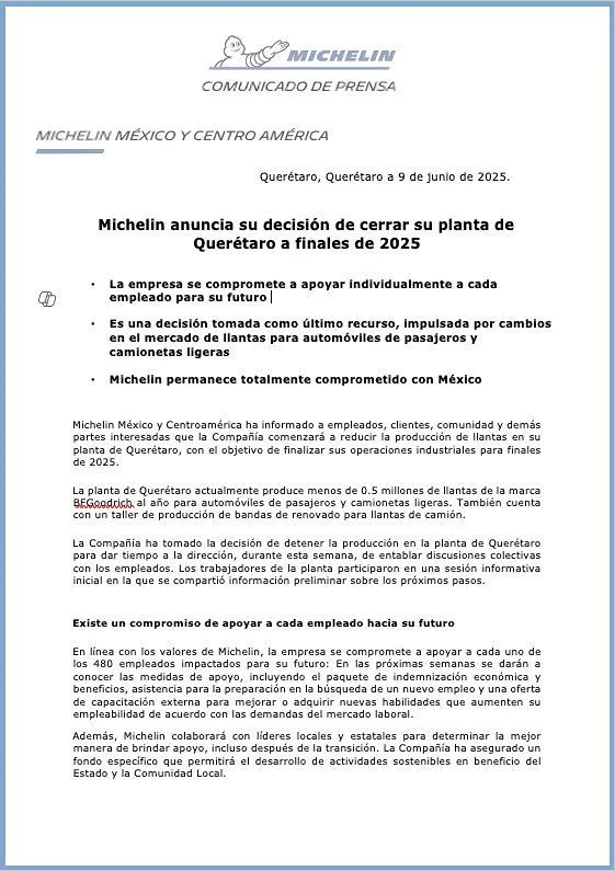 Michelin cerrará su planta de Querétaro