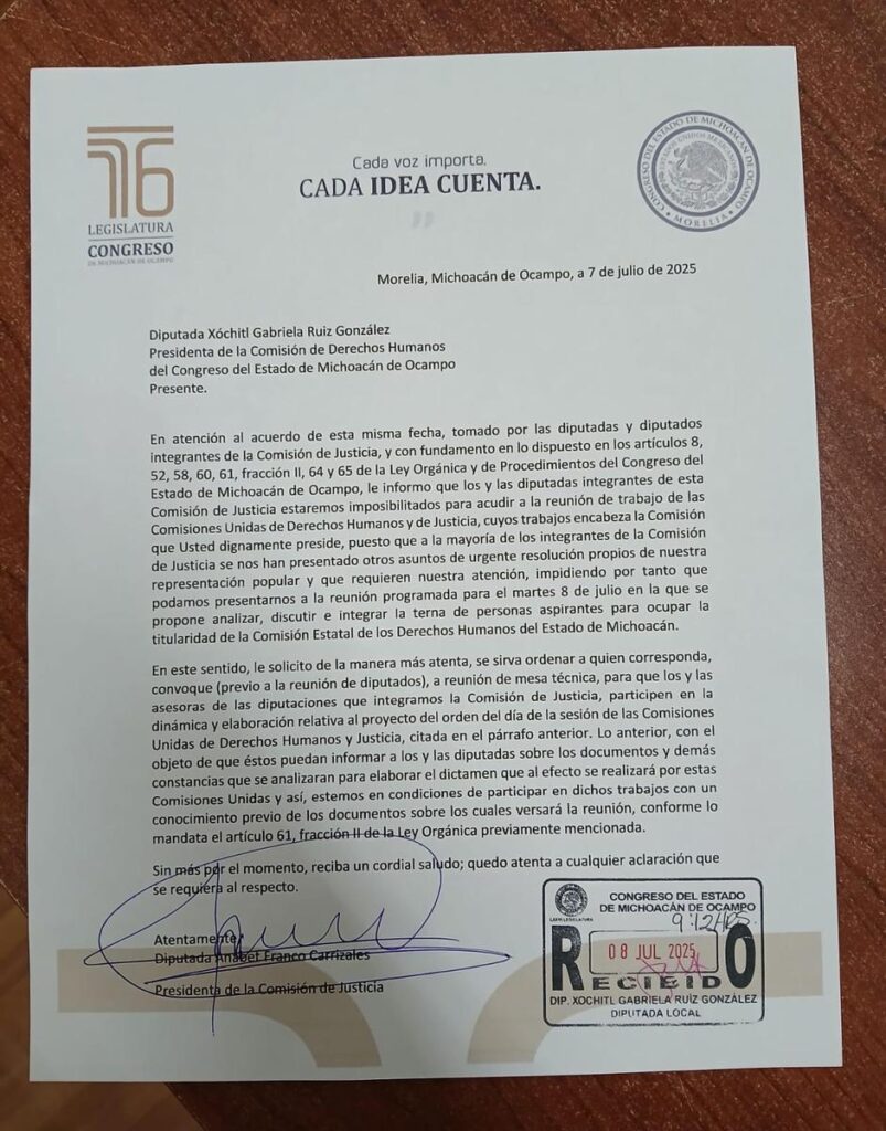 Diputados de la Comisión de Justicia del Congreso de Michoacán vuelven a ausentarse, retrasando la designación del presidente de la CEDH.
