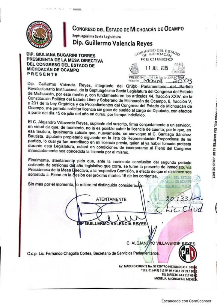 Guillermo Valencia solicita licencia como diputado local