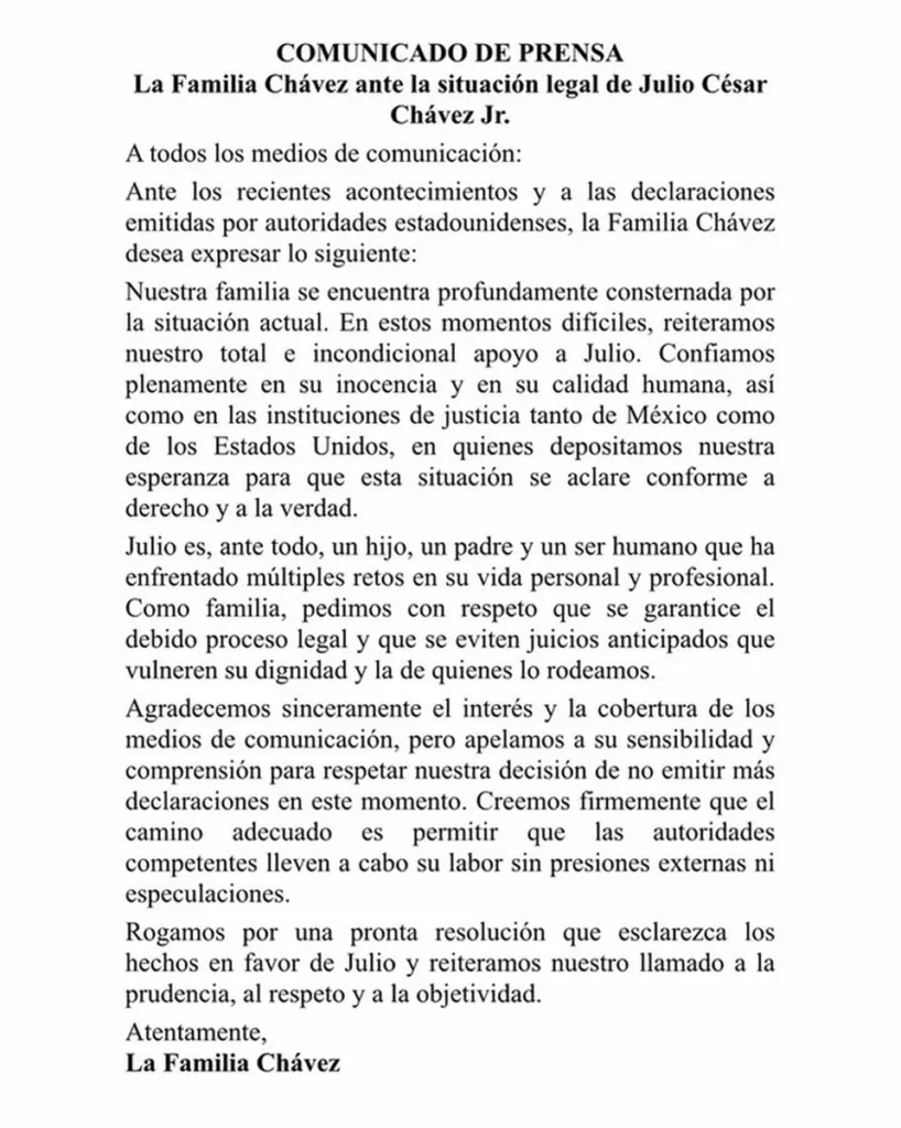 Los Chávez se pronuncian tras detención de Julio César Jr.: “Nuestra familia está consternada”-2