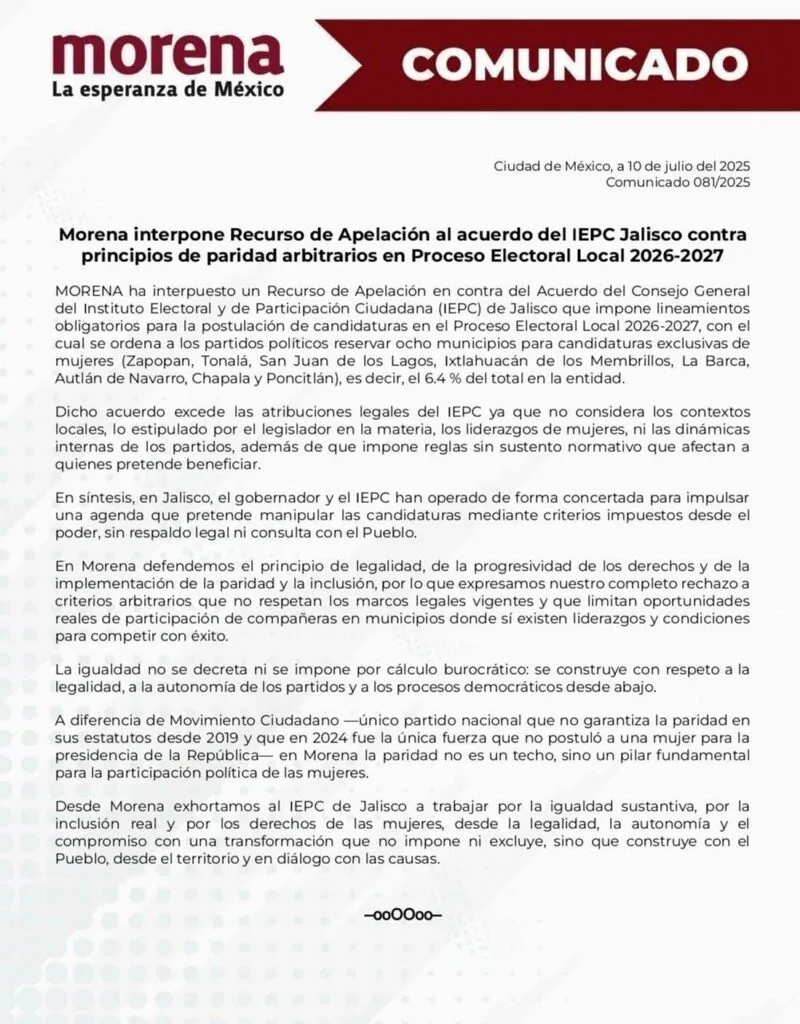 Morena impugna lineamientos de paridad del IEPC Jalisco para elecciones 2026-2027-1