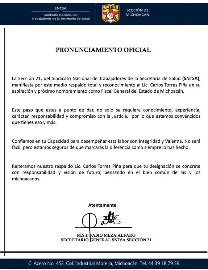 Sindicato de Salud de Michoacán respalda a Carlos Torres Piña como titular de la FGE